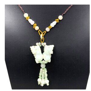 Jade Bead Necklace Carved Foo Dog Dueling Tassel Hand Carved Pendant Adjustable
